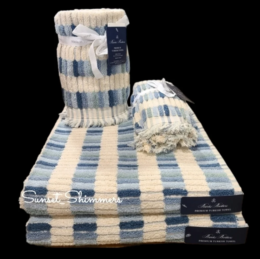 6pc BROOKS BROTHERS Blue Ombre Mosaic Tile THICK PLUSH Luxury TURKISH Towel Set